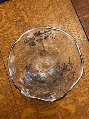Clear Glass Floral Serving Bowl with Silver Rim